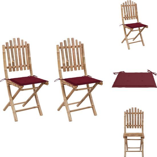 vidaXL Bamboo Folding Outdoor Chairs with Wine Red Cushions - Set of 2