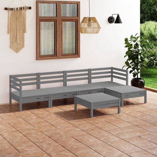 The Living Store Houten Tuinset - Hoek/Middenbank 63.5x63.5x62.5cm - Voetenbank/Tafel 63.5x63.5x28.5cm - Grijs - Massief Grenenhout