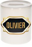 Spaarpot Olivier - wit - met goud/zwart embleem - 8 x 9 cm - keramiek - met afsluitdop - cadeau verjaardag