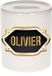 Spaarpot Olivier - wit - met goud/zwart embleem - 8 x 9 cm - keramiek - met afsluitdop - cadeau verjaardag