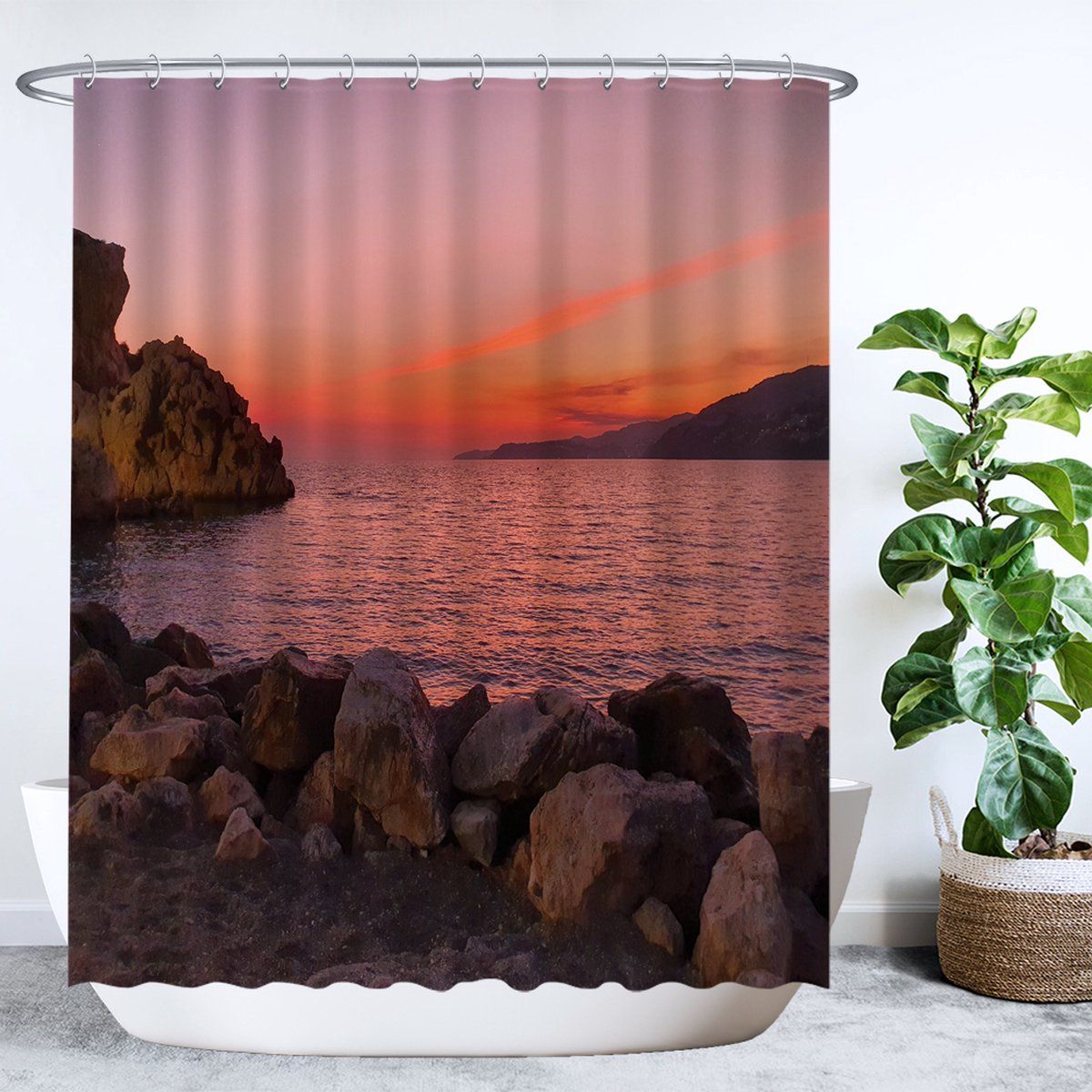 Ulticool Douchegordijn - Zonsondergang Sunset - 180 x 200 cm - Polyester - Bruin/Oranje/Roze/Paars