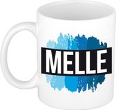 Bellatio Decorations Melle naam cadeau koffie mok - beker - met blauw verfstrepen - Cadeau collega - vaderdag - verjaardag - meester - coach - 300 ml - wit