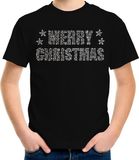 Bellatio Decorations Shoppartners Bv Glitter kerst t-shirt zwart Merry Christmas glitter steentjes/ rhinestones voor kinderen - Glitter kerst shirt/ outfit L