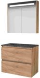 Basic Line Premium 46 Badkamermeubelset - 80 x 46 cm - Greeploos - 2 Lades - Hardstenen Wastafel - 1 Kraangat - Spiegelkast met LED Verlichting - Whisky Oak