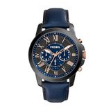 Fossil Grant herenhorloge, quartz chronograaf uurwerk, met roestvrijstalen armband of leren band, Zwart en blauw, Riem