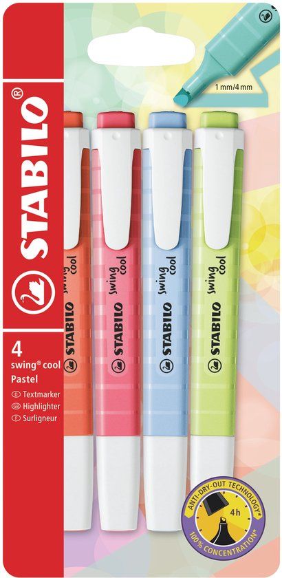 STABILO swing cool - Markeerstift - Pastel - Etui Met 4 Kleuren