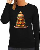 Bellatio Decorations Kersttrui/sweater dames - kerstboom van hamburgers - zwart - burgerfan - Merry Christmas L