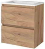 Basic Line Start 39 Badkamermeubelset - Ondiep - 60 x 39 cm - Greeploos - 2 Lades - Acryl Wastafel - Zonder Kraangat - Whisky Oak