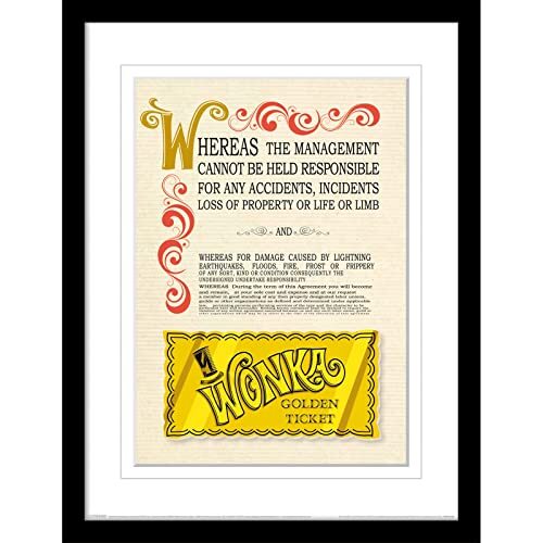 Pyramid International Charlie and the Chocolate Factory ingelijste print in zwarte fotolijst Collector Edition (Golden Ticket Design) Willy Wonka ingelijste kunst aan de muur in 30x40cm frame - officiële merchandise