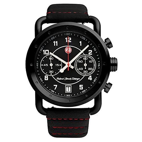 Roland Sands ICON Kwartshorloge met chronograaf, IP, zwart leer, vintage horloge voor heren