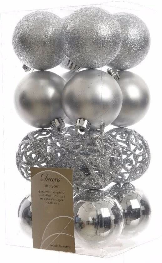 Decoris Kerstboom decoratie kerstballen mix zilver 16 stuks