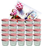 MamboCat Set van 25 glazen potten van 230 ml met rood geruit deksel To 82 + Diamant-Zucker Gelierzauber receptenboekje
