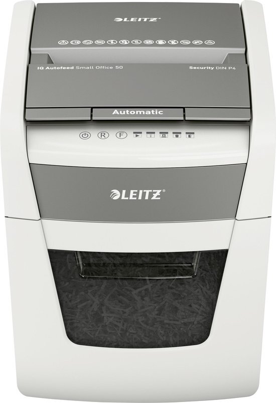 Leitz IQ Autofeed 50X P4 Cross-Cut Papierversnipperaar, Automatisch, 50 Vel, Opvangbak Met Een Capaciteit Van 20 Liter, Wit, 80350000