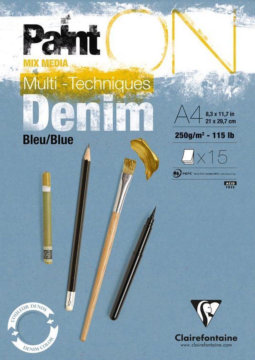 Clairefontaine Paint On mixed media blok A4 denim blauw 15 vel