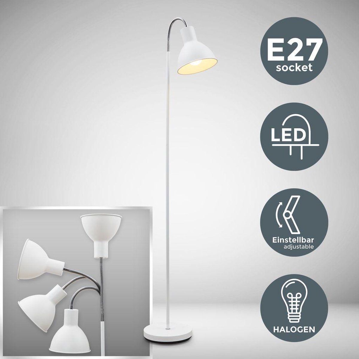 B.K.Licht - Witte Industriële Staande Vloerlamp - 145cm - E27 - Draaibaar