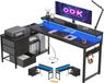 ODK Bureau en L-vorm met lades en LED-verlichting, 174x100 cm, bureau de jeu, port de chargement USB, noir