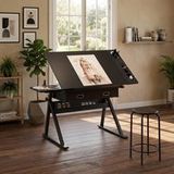 Pangivo Table de dessin inclinable avec tabouret et 2 tiroirs Bureau de dessin réglable noir