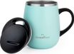 GRANDTIES Geïsoleerde koffiemok met handvat, schuifdeksel voor spatwaterdicht 16oz wijnglas vorm thermische beker met dubbelwandige vacuüm roestvrij staal om dranken warm of koud te houden - poedergroen