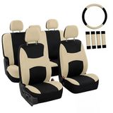 FH Group FB030BEIGEBLACK115-COMBO Universele autostoelhoezen met stuurhoes en veiligheidsgordelkussen (compatibel met airbag en gedeelde bank), beige en zwart