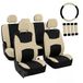 FH Group FB030BEIGEBLACK115-COMBO Universele autostoelhoezen met stuurhoes en veiligheidsgordelkussen (compatibel met airbag en gedeelde bank), beige en zwart
