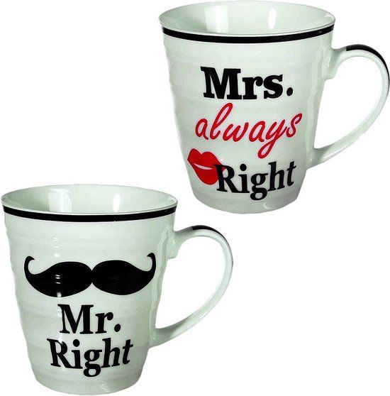 Mr. & Mrs. Right Bekers - 2 Stuks - Wit - Aardewerk - 300 ml
