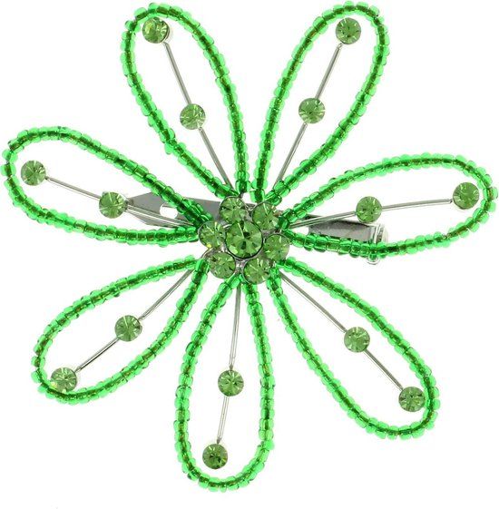 Groene bloemen broche met groene steen - 7 cm - Kunststof - Zilverkleurig - Vrouwen