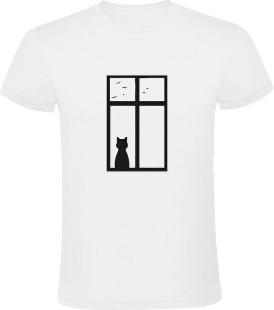 Kat kijkt uit het raam Heren T-shirt 2XL | Wit