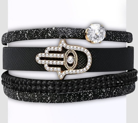 Amanto Armband Cosmo Black - Dames - PU Leer - Zirkonia - Hamsa - 25 mm - 22 cm