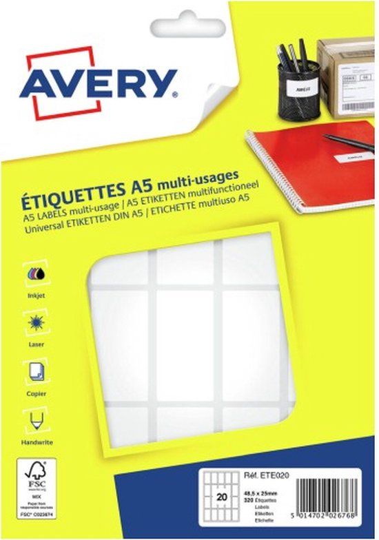 Avery ETE020 printeretiket Wit Zelfklevend printerlabel