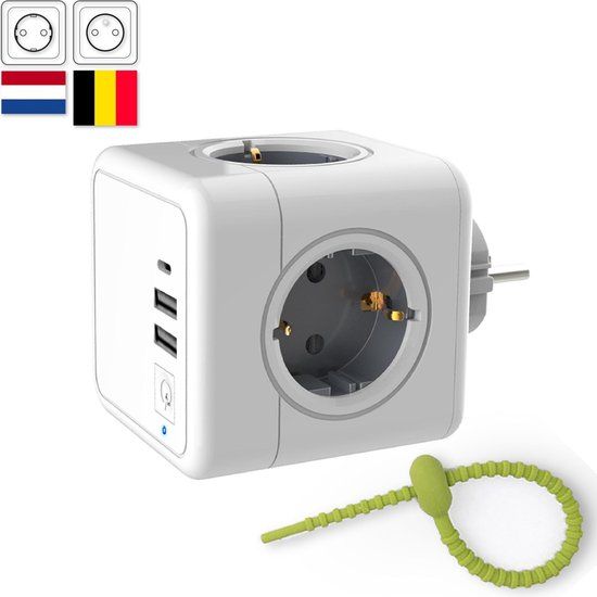 Colorful Sun Stopcontact splitter - 7-voudig wit - 2 USB, 1 Type C, schakelaar, randaarde