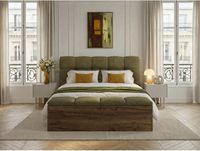 KUMO Lit tissu texturé lattes massives pieds en bois naturel + Bout de lit KUMO tissu texturé 160x200