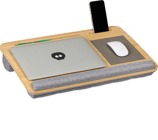 Relaxdays Laptopkussen, laptopsteun van bamboe, muismat, 2 smartphonehouders, 10 x 55,5 x 36 cm, natuur, polyester