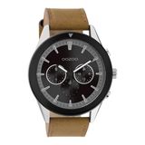 OOZOO Timepieces - zilverkleurige/Zwarte horloge met bruine leren band - C10801 - Ø45