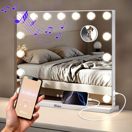 Mirlux Hollywood Spiegel 58x48CM – Bluetooth Spiegel met 2 Luidsprekers – Make Up Spiegel met Verlichting – 15x LED Lampen – 3 Lichtstanden – 10x Vergroting – Hollywood Spiegel met USB & USB-C – Luxe Witte Make-Up Spiegel voor Kaptafel of Ba