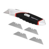 Amazon Basics Stanleymes, robuust, intrekbaar, ergonomisch, multifunctioneel mes met automatische laadfunctie, 3-positie vergrendeling met in totaal 5 mesjes, kleur zwart/zilver