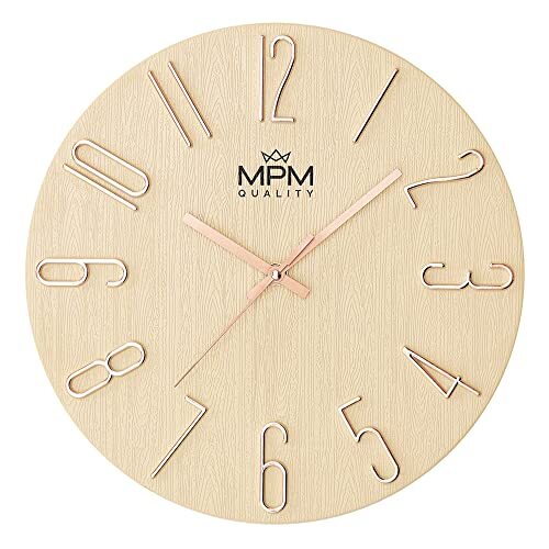 MPM Quality Design wandklok, crème/goud, datumweergave, 3D-cijfers, nauwkeurig kwartsuurwerk, diameter 305 mm, moderne wanddecoratie voor woonkamer, slaapkamer of kantoor