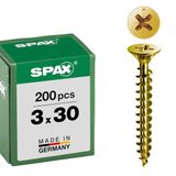 SPAX universele schroef, 3,0 x 30 mm, 200 stuks, kruiskop Z1, verzonken kop, volledige schroefdraad, 4CUT, YELLOX A2L, geel verzinkt, 1081020300303