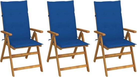 vidaXL Set van 3 klapstoelen met kussens, massief acaciahout, koningsblauw