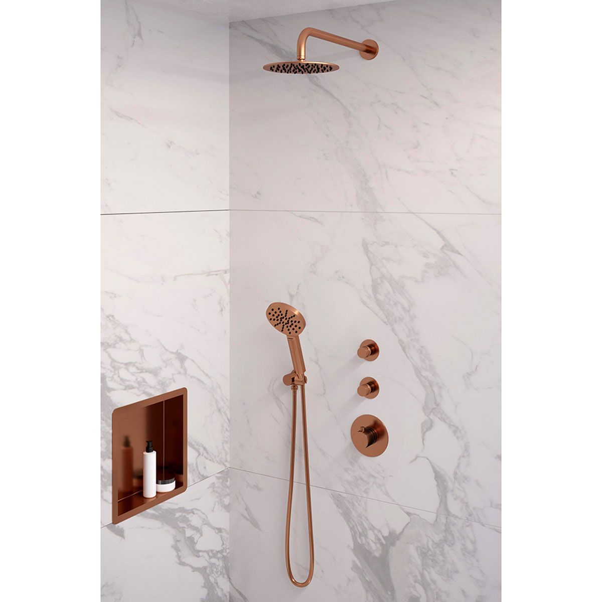 Brauer Regendoucheset Copper Edition 20cm Rond Geborsteld Koper PVD 3 Greeps 3-weg Met Thermostaatkraan en Handdouche