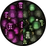 Decoris Petites boules de Noël - 28 pièces - Vert foncé et violet - 3 cm - Plastique