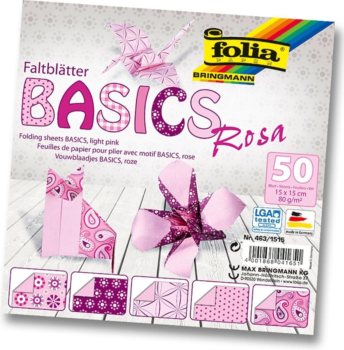 Folia Vouwbladen 15x15cm 80g 10x5 ass. Basics roze