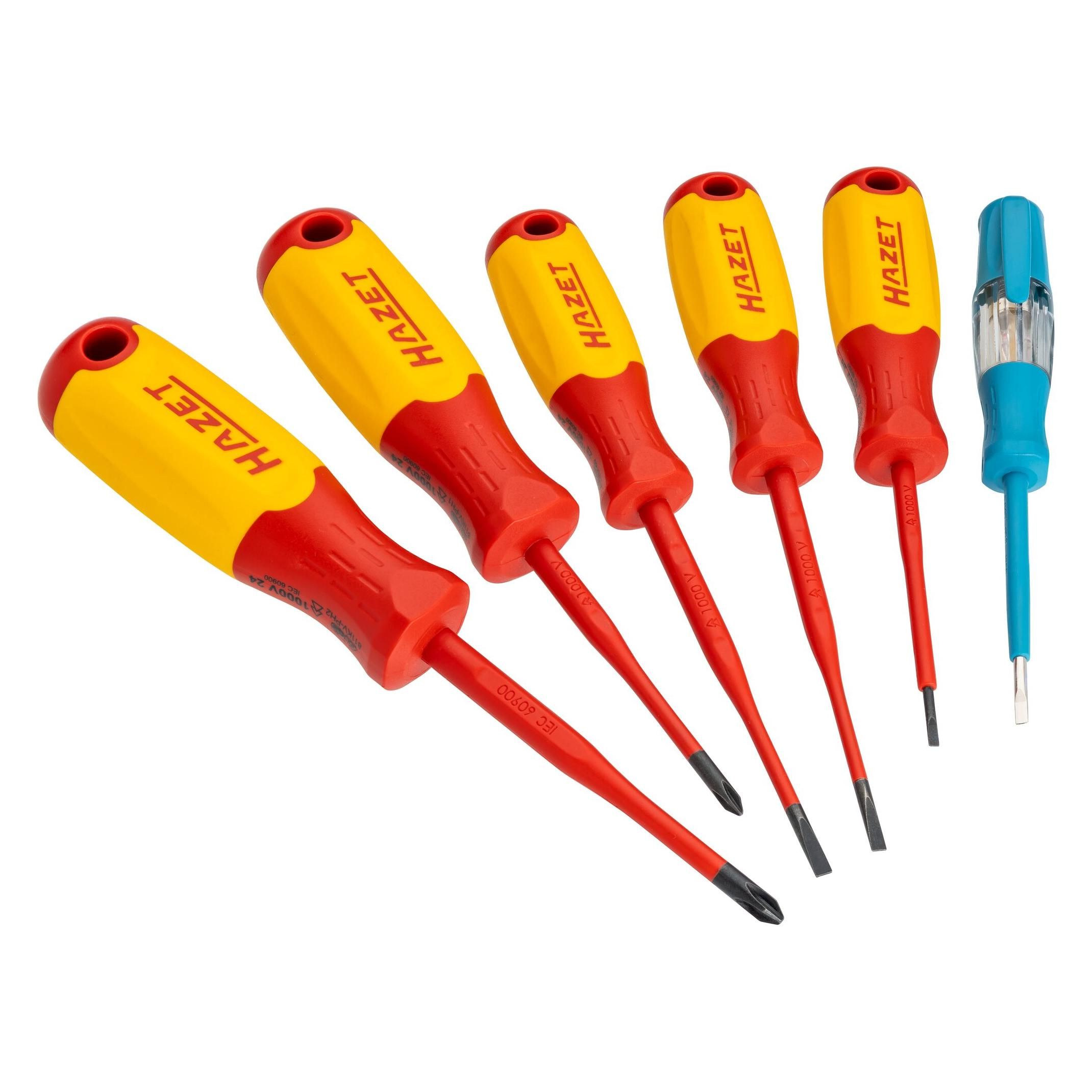 HAZET Hoogspanningsschroevendraaierset 811KV/6, 6-delig, VDE 1000V, sleuf & PH profiel, incl. fasentester, beschermende isolatie