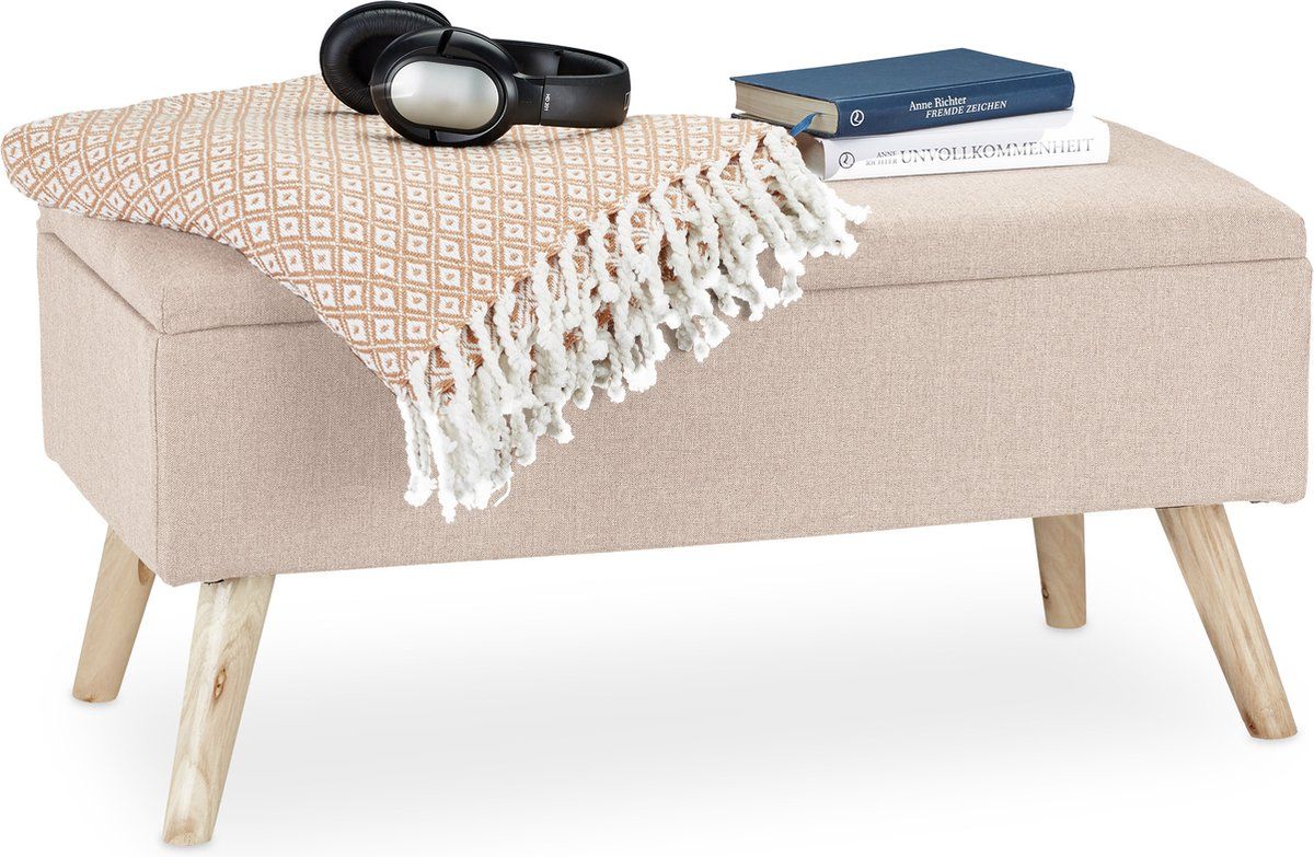 Relaxdays Zitbank met Opbergruimte - Stof - Hocker - Beige