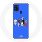 Maniacase Samsung Galaxy A21S BTS BT21 Tata Chimmy Cooky Rj Koya Shooky en Mang Speel muziek Blauwe achtergrond