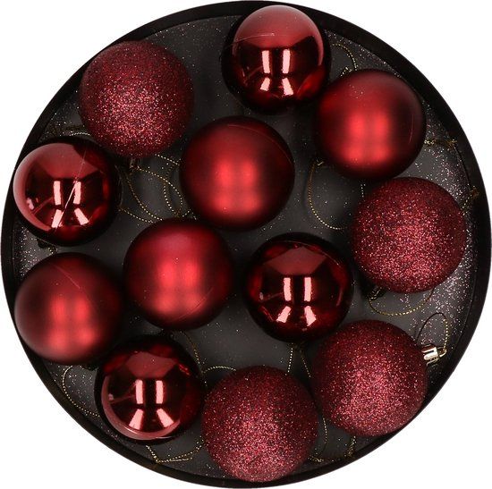 Cosy&Trendy 12x Donkerrode kunststof kerstballen 6 cm - Mat/glans - Onbreekbaar - Kerstboomversiering