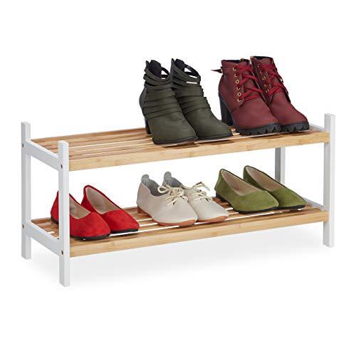 Relaxdays Schoenenrek, schoenenrek met 2 niveaus, tot 6 paar schoenen, bamboe & berkenhout, HxBxD 33 x 70 x 26 cm, natuur/wit