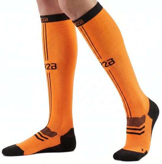 R2B Sport Compressiekousen Dames/Heren - Compressie Sokken Hardlopen - Sportsokken - Hardloopsokken - Compressie Kousen Vliegtuig - Maat S (Schoenmaat 34-36) - Oranje/Zwart