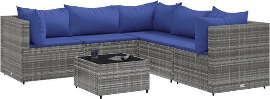 vidaXL 6-delige Loungeset met kussens poly rattan grijs