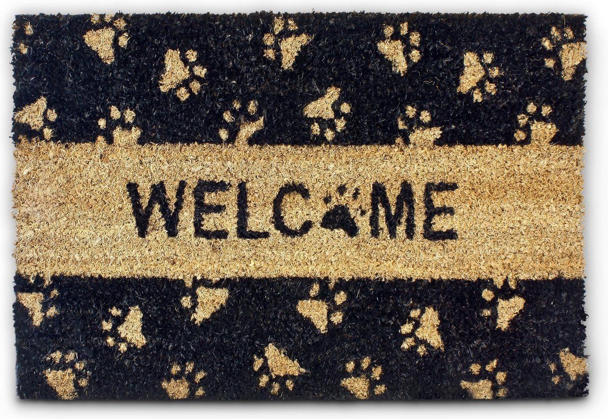 Relaxdays deurmat kokos WELCOME katten design 40 x 60 cm zwart
