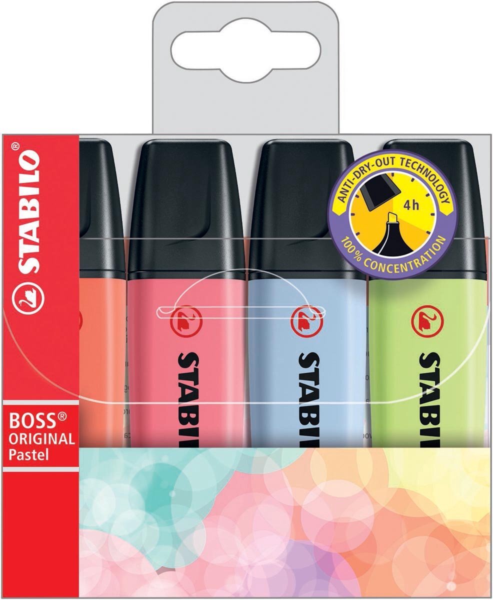 Stabilo BOSS ORIGINAL Pastel markeerstift, etui van 4 stuks in geassorteerde kleuren 5 stuks